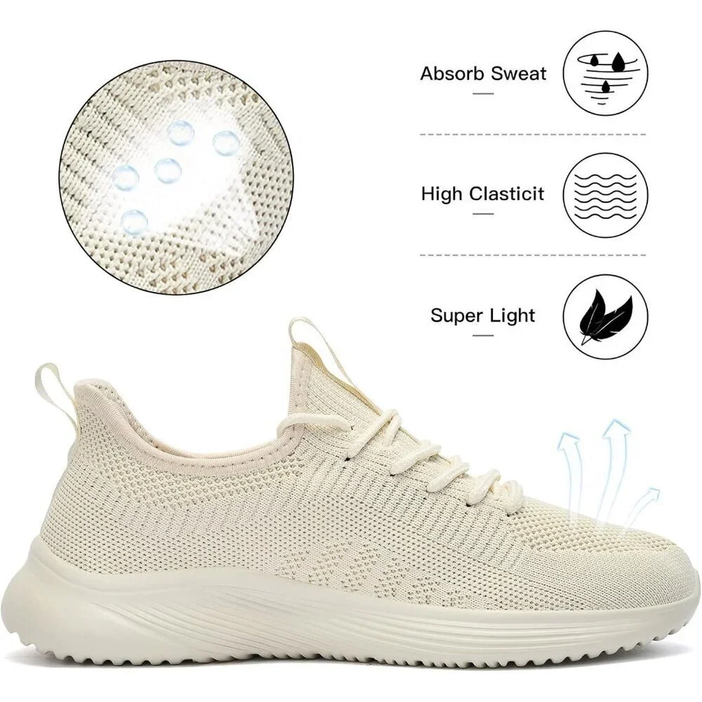 Women's Beige Non Slip Casual Running Lightweight Mesh Fashion Sneakers